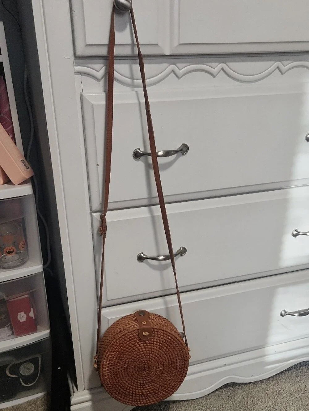 Round Woven Crossbody Bag in Brown